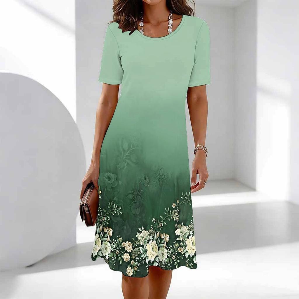 Women's Fashion Graceful Beautiful Colorful Flowers Grass Colorful Flowers and Small Grass Print Summer Spring Short Sleeve O-Neck Casual Dresses