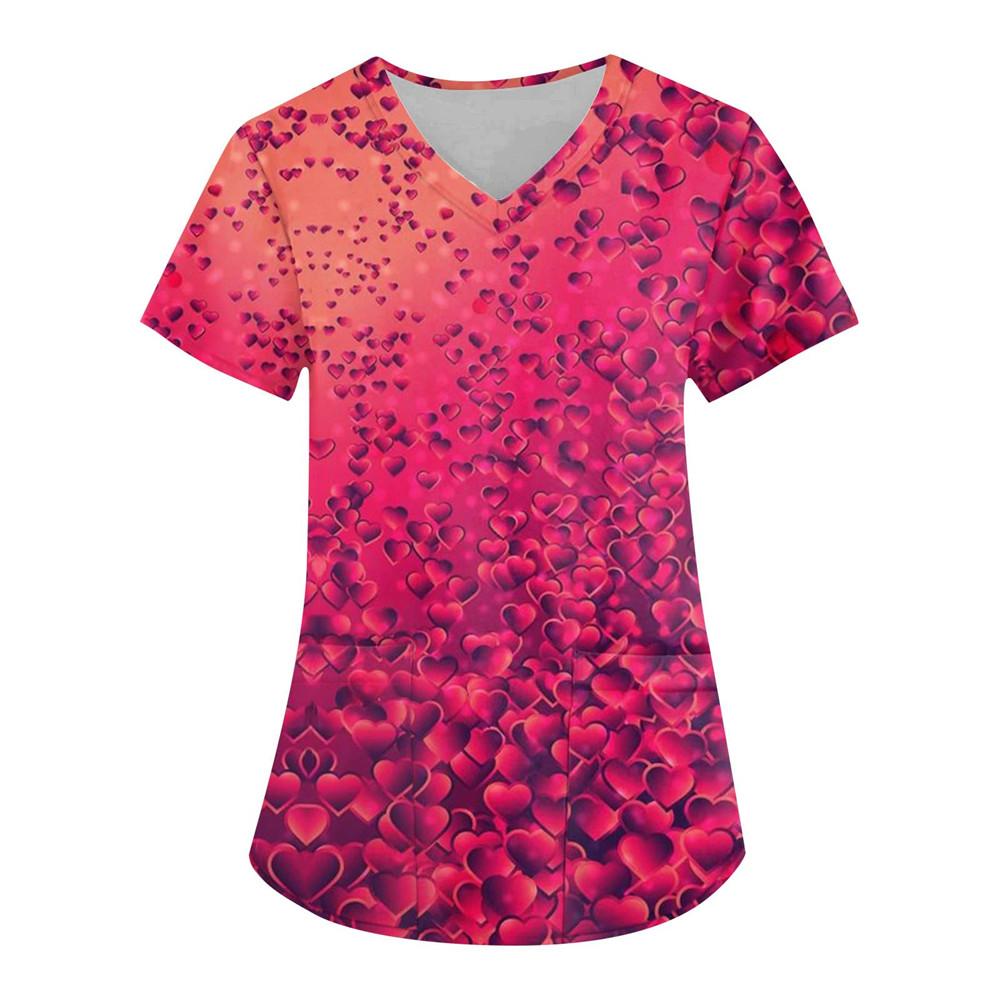 Nurse Uniform Love Heart Print Pocket V-Neck Nursing Scrubs Tops Workwear Women's T-shirts