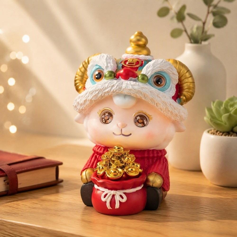 Cute Zodiac Sheep Statue Chinese Style Resin Ornament Wealth Lion Dance Sheep Figurine New Year