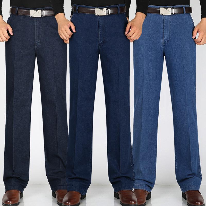 Men's High Waist Elastic Denim Trousers - Autumn/Winter Style, Loose Fit, Business Casual for Middle-aged Dads