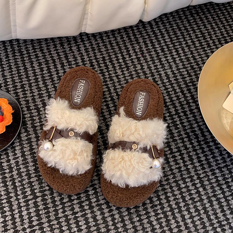 

Ретро цвет пушистые тапочки для улицы женские осенне-зимние новые ленивые туфли на одной педали женские тапочки на платформе 40 бежевый