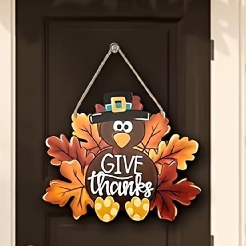 Thanksgiving Turkey Sign Decoration Handmade Wood Front Door Hanger Festival Wall Hanging Wreath Accessory with Lanyard