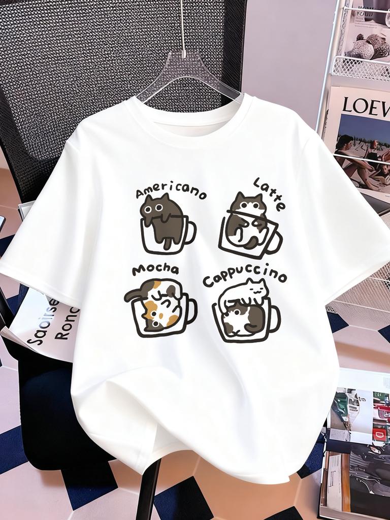 Cat Coffee Art Letter Printing TShirts Womens Summer Cotton Short Sleeve Tops ONeck Soft Loose T Shirt Casual Womans Clothes