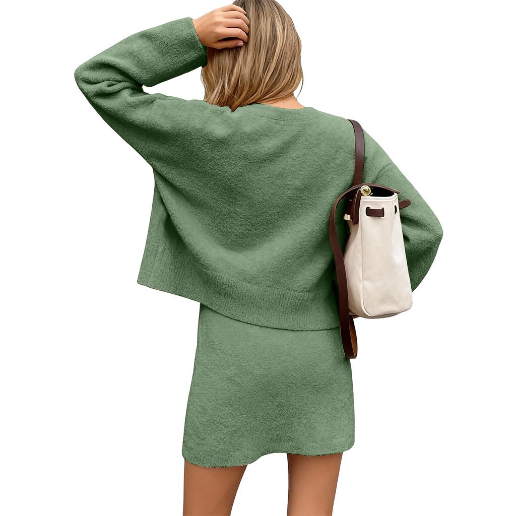 Women's solid color woolen button cardigan dress two-piece set