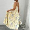 Women Floral Print Bohemian Spaghetti Strap High Slit Beach Holiday Dress Ruched Bodice Flowy Midi Sundress for Summer