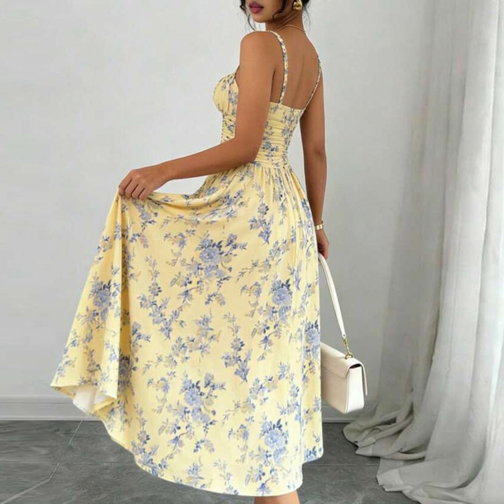 Women Floral Print Bohemian Spaghetti Strap High Slit Beach Holiday Dress Ruched Bodice Flowy Midi Sundress for Summer
