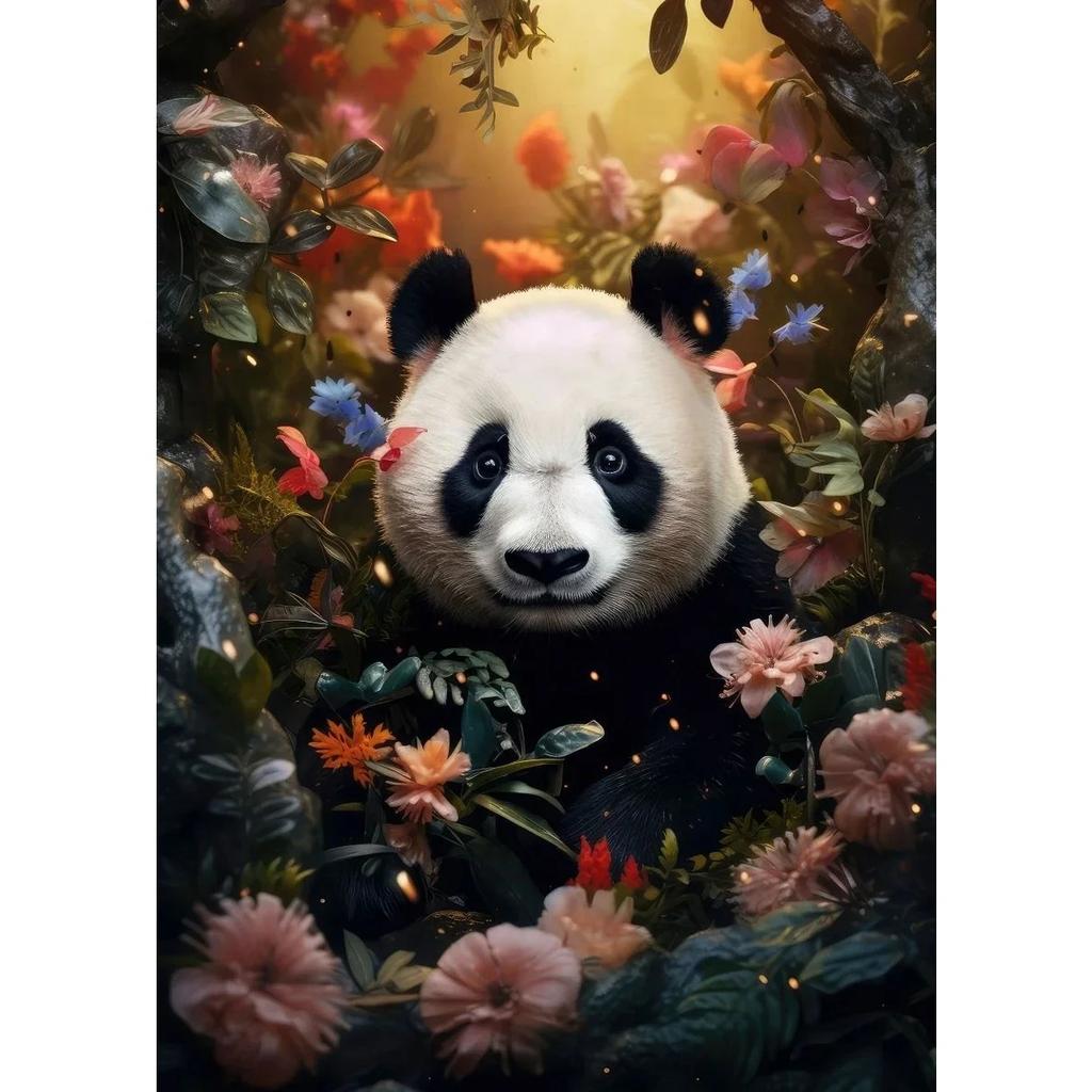 Lion Flamingo Panda Monkey In Flower Jungle Art Posters Wild Animal Art Canvas Painting Print Wall Art Picture Home Decor Mural