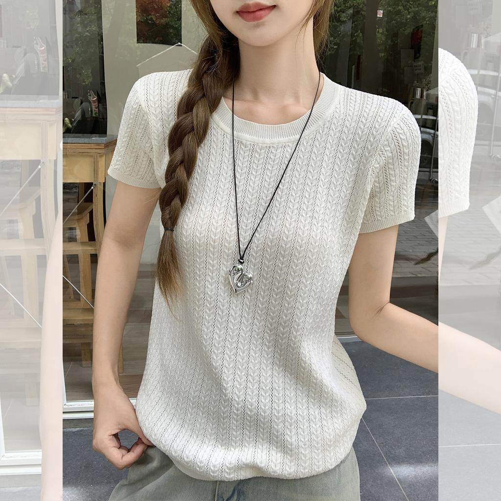 Summer beauty ootd design sense apricot knitted unique short-sleeved T-shirt women slim slim slim chic top