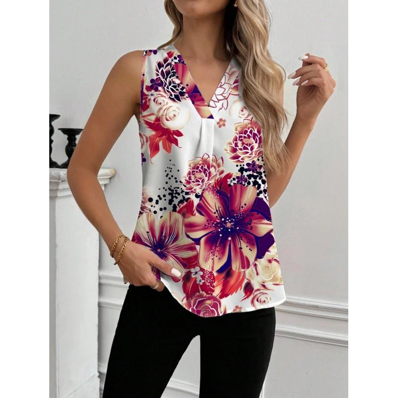 Womens Vintage Floral Print Sleeveless V-Neck Top Comfortable Casual Blouse Soft Cotton-Like Fabric 2025