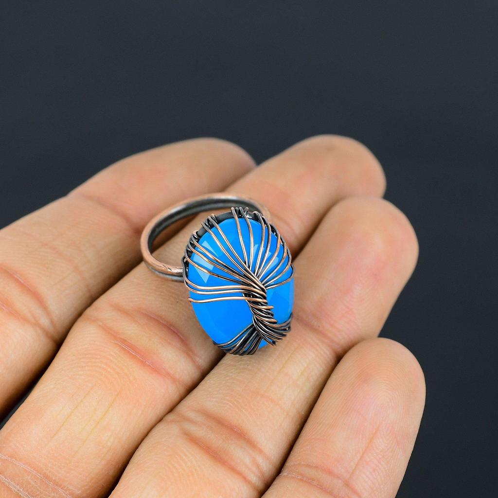 Tree Of Life Aqua Chalcedony Gemstone Copper Wire Wrapped Handmade Jewelry Ring For Mother