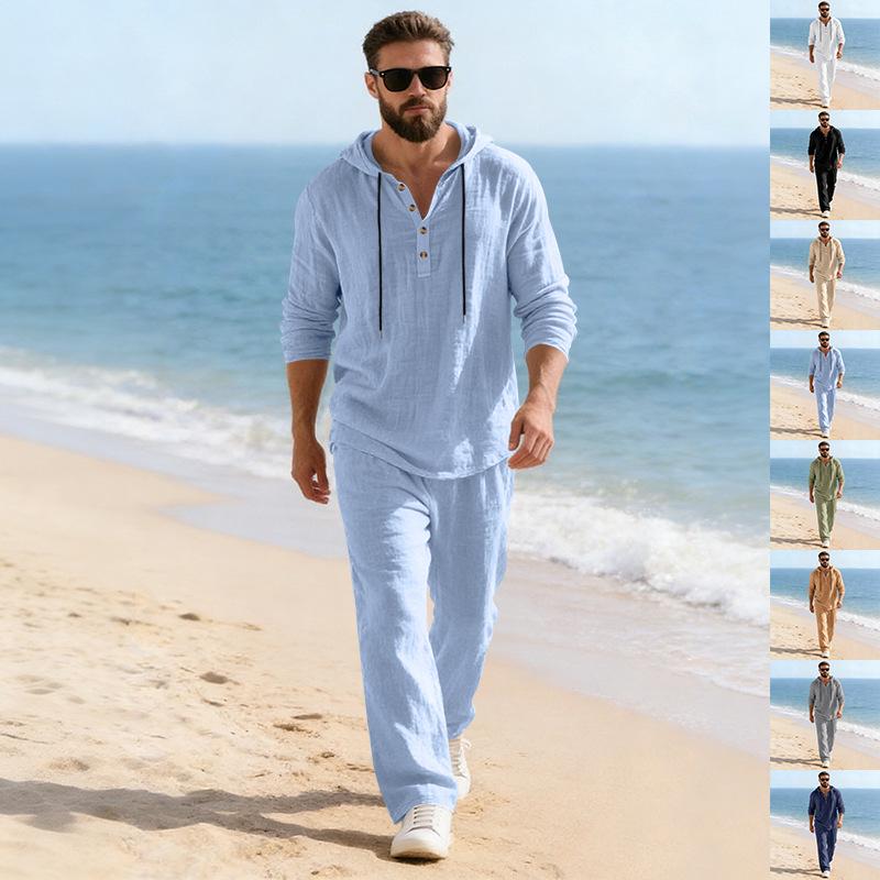 Men's Linen Hooded Long Sleeve and Pants Casual Home Wear Set - Spring/Autumn 2026 Collection