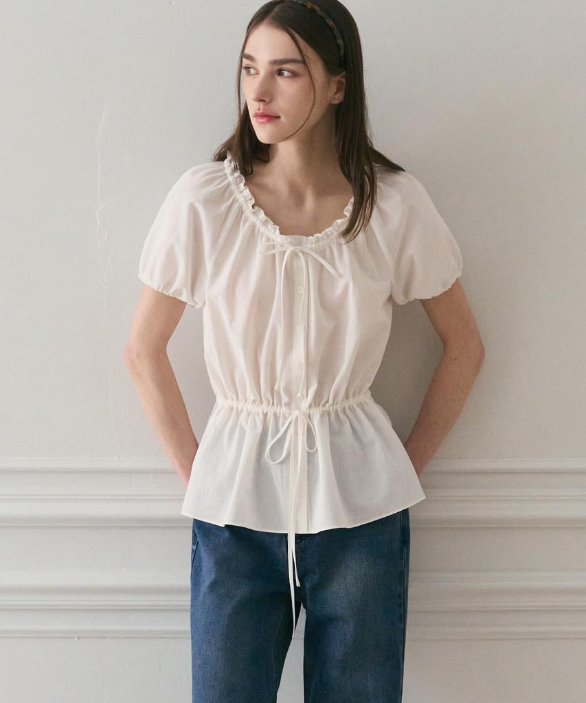 Deuloupisumeon Ribbon Puff Sleeve Blouse [Black]