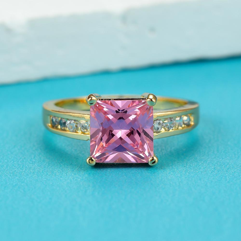 Satın alın Womens Gold Color Square Cut Pink Stone Princess Rings Wedding Bride Ring Jewelry