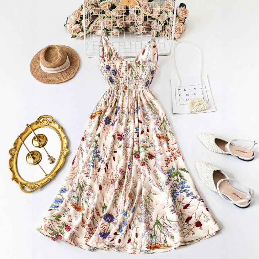 DamenMaxikleid mit Spaghettiträgern, Blumendruck und Bindekragen
