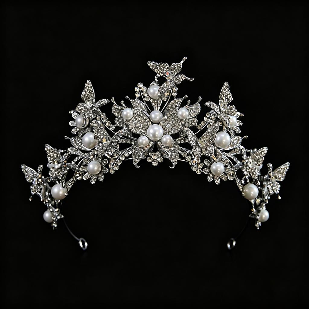 Elegant Pearl Butterfly Tiara Vintage Silver Rhinestone Wedding Crown Princess Tiara Headband Pageant Party Hair Jewelry