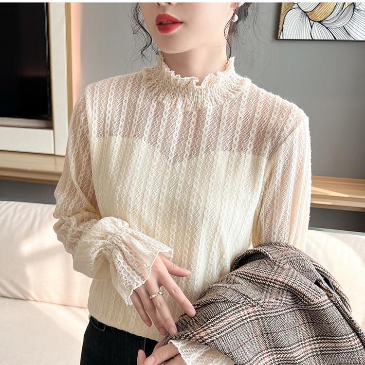 Fleece Lined Brushed Lace Shirt Base Layer Autumn Winter Striped Flocking Versatile Top Sweater Inner Mesh