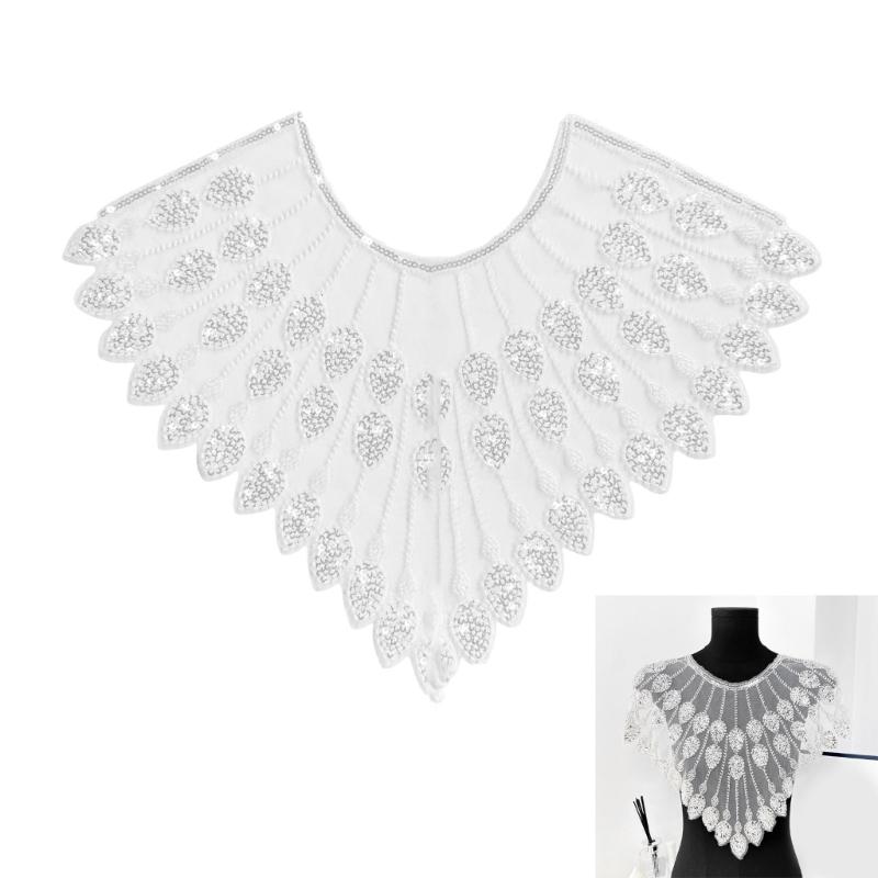 Beaded Sequins Sew on Collar Patches for Wedding Dress Evening Gown Embroidered Beads Sequins Sew on Patches Applique