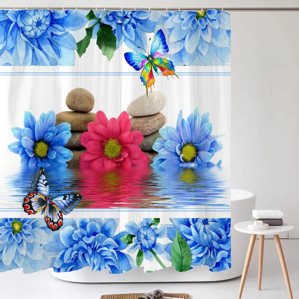 3D Butterfly Flower Printing Bathroom Curtain Polyester Waterproof with Hooks Home Decoration Shower Curtain Bathroom Screen