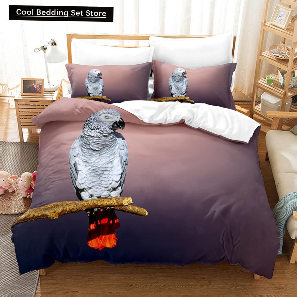 Parrot King Queen Duvet Cover Colourful Feather Bedding Set Rain Trees Bird Quilt Cover Sunset Mountain Natural Comforter Cover