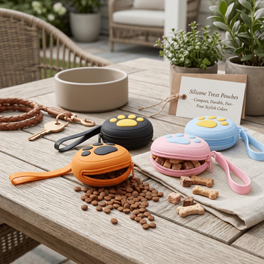 Multi-functional Waterproof Silicone Dog Treat Pouch Paw Print Round Dog Treat Bag Zippered Training Reward Pouch Keys