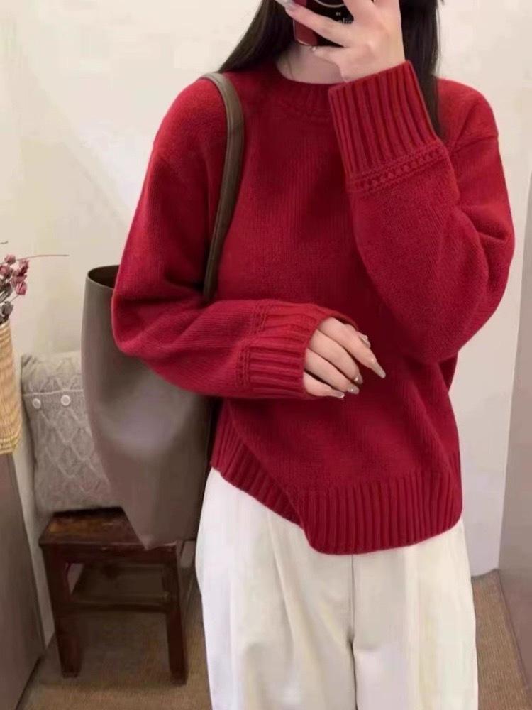 2026 Women's 100% Wool Round Neck Sweater - Autumn/Winter Simple Style Solid Color Inner Layer Design
