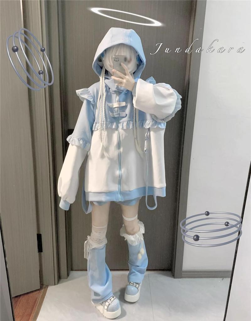 Jundakara Light Blue Long Subculture Angel Sickly Color Loose Size M Women's Hoodie, Sleeve, Style, Wings, Hooded, Ruffles, Angelic, Cute, Block,