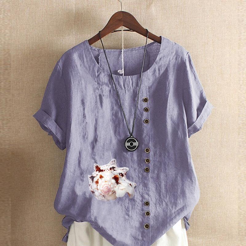 Women's Fashion Round Neck Short Sleeve T-shirt Casual Cotton Linen Graphic Shirt Conch Prined Summer Blouse Tops