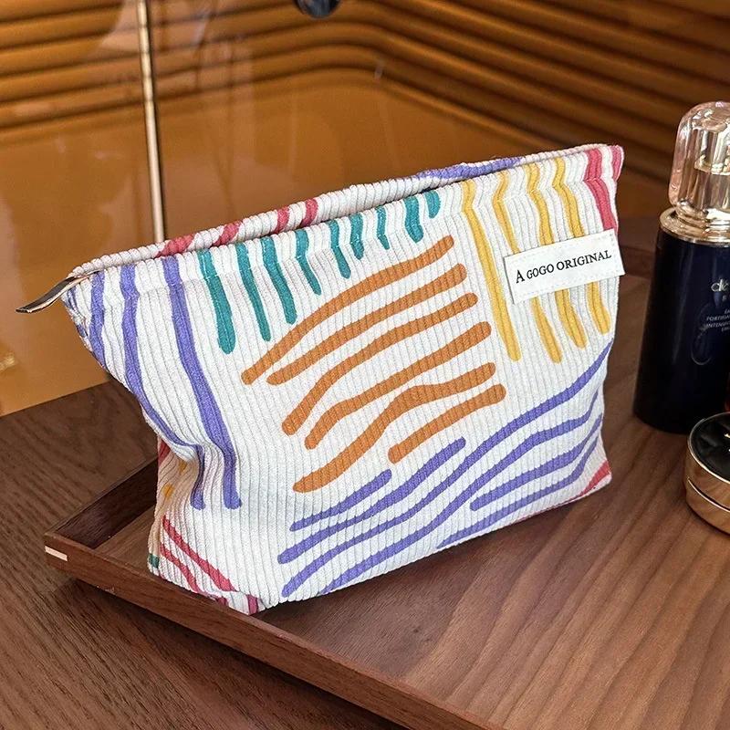 Corduroy Colourful Striped Women Cosmetic Bag Large Small Makeup Storage Bag Travel Organizer Zipper Drawstring Wash Bag Pouch