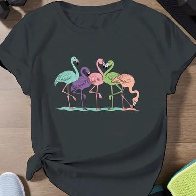 Damski Letni T-shirt z Nadrukiem Flaminga Retro Moda Krótki Rękaw Casualowe Drukowane Topy