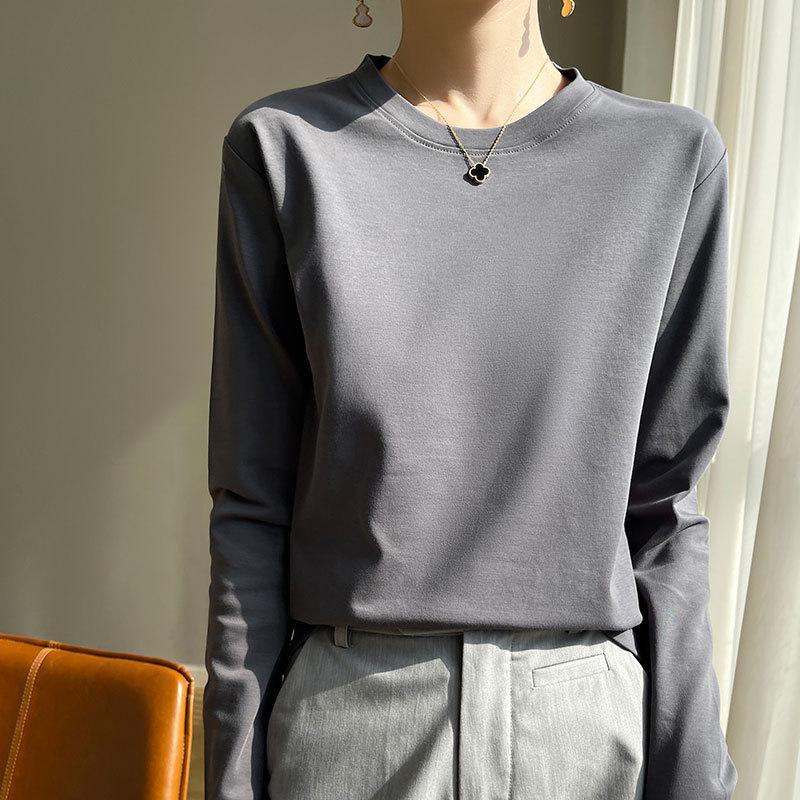 Women's Long-Sleeve Round Neck Loose Base Layer Top, Spring/Autumn Style, Dropped Shoulders, Solid Color