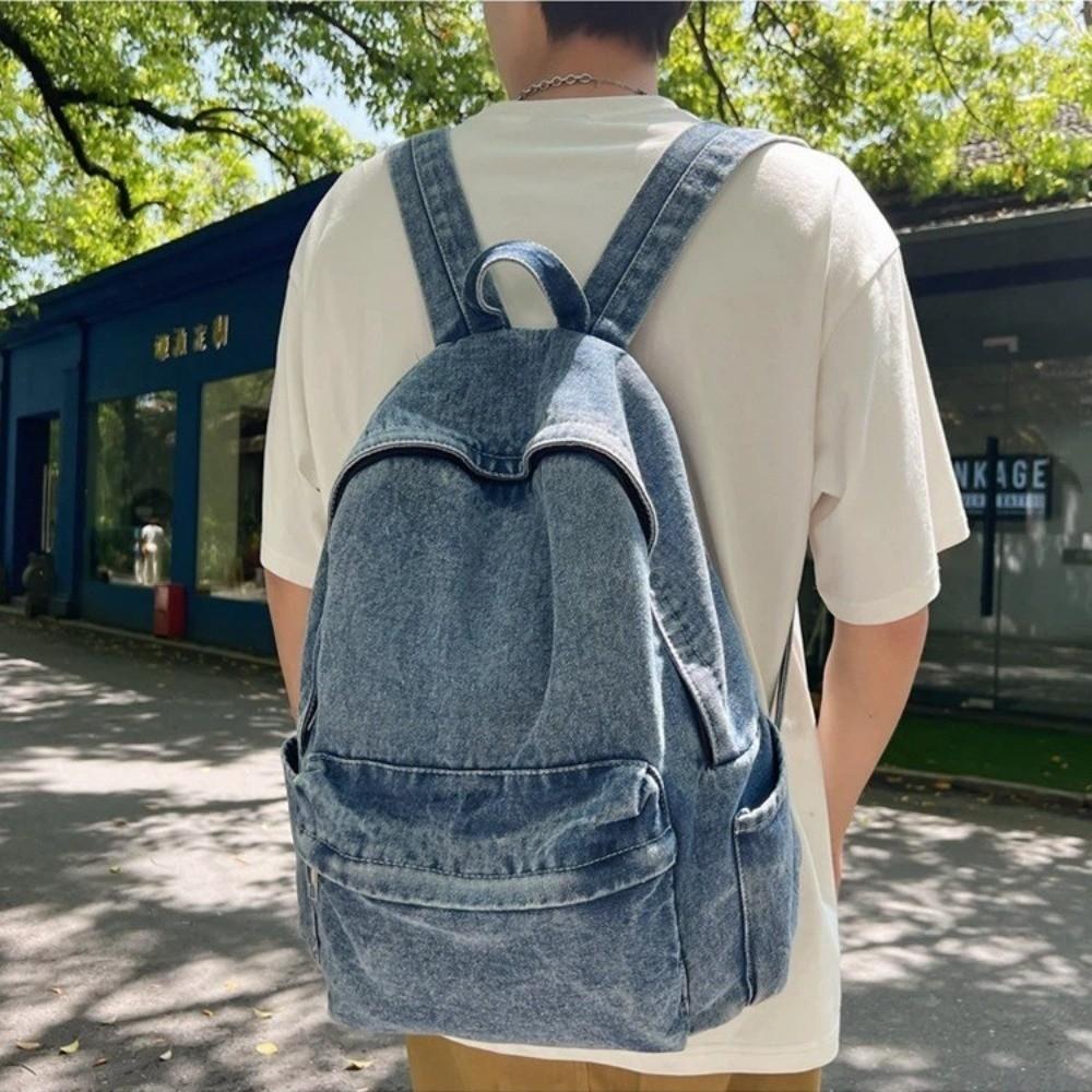 Fashion Lightweight Denim Backpack Large Capacity Multi-pocket Shoulder Bag Solid Color School Bag Women