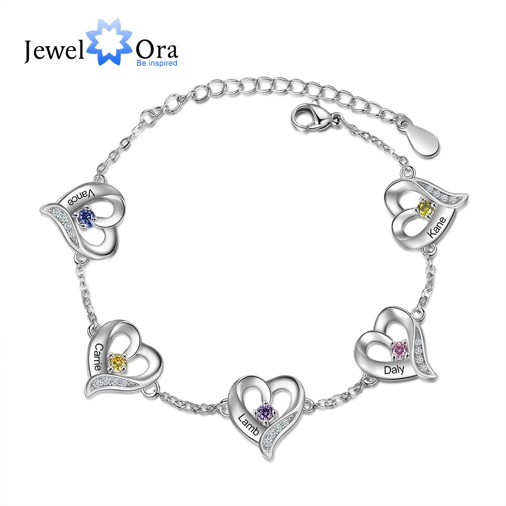 

JewelOra Personalized Multi-Heart Charm Bracelets with Birthstone Customized 1-5 Name Engraving Bracelets & Bangles Xmas 1 Name-1 stone