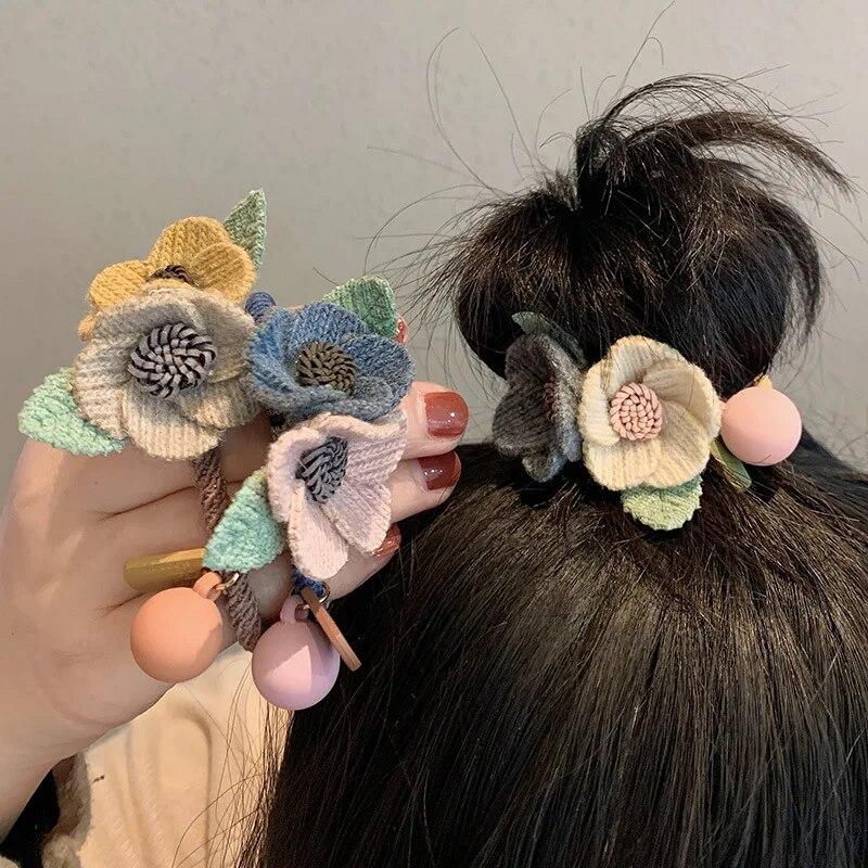Women Girls Elastic Hair Bands Knitting Wool Flowers Hair Bands Cute Rubber Band Scrunchie Headband Fashion Hair Accessories