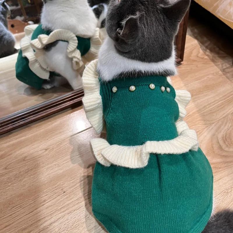 Pet Autumn/Winter Princess Skirt Autumn/Winter Knitted Cat Clothing Clothes Christmas Dress Cute Small and Medium Sized Dog