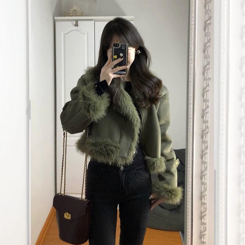 Women's Early Spring 2025 Imitation Fox Fur Petite Motorcycle Jacket