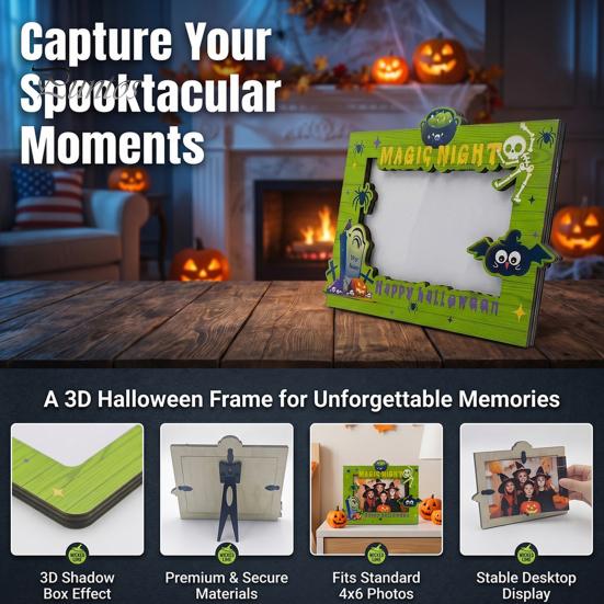 Holiday Table Decorations Halloween Wooden Photo Frame, Double Layer Wood Tabletop Picture Holder, Decorative Desktop Frames Creative Display