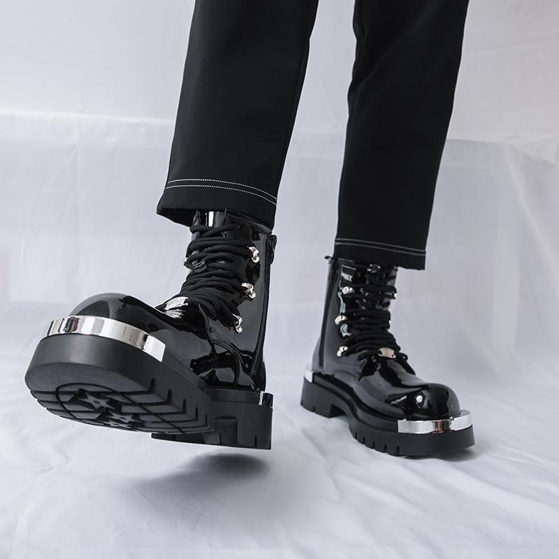 Men’s Thick Sole Platform Punk Patent Leather Boots Elevator Street Style Big Head Motorcycle Boots High Boots Plus Size