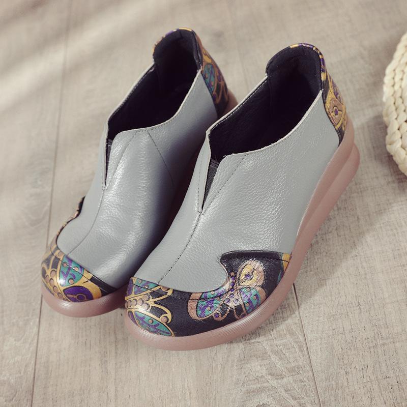 New Spring Style Sponge Cake Bottom Casual Women's Shoes Ethnic Style Genuine Leather Color-blocking Single Shoes To Increase Height and Comfort