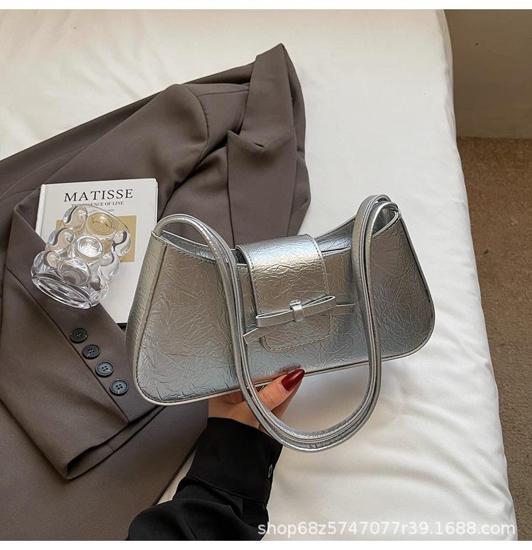 

Textured underarm bag 2025 summer new women s bag retro bow handbag try niche shoulder bag серебряный