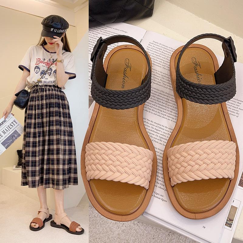 Roman Sandals Women's 2024 Spring and Summer New Buckle One-character Flat Sandals Casual Girls with Skirt Cool Slippers