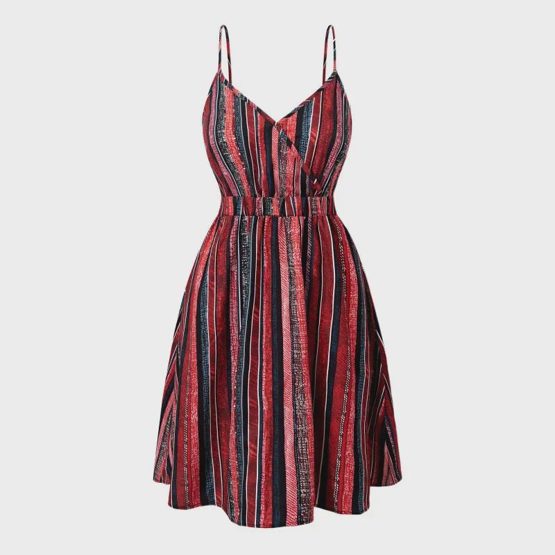 Evropské a americké horké prodeje Pruhované šaty s výstřihem do V na špagetová ramínka a zavinovacím střihem - Kolekce léto 2024