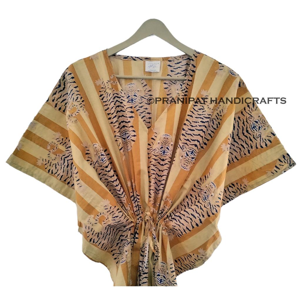 Women Cotton Summer Gold Sleepwear Tibetan Tiger Print Long Maxi Caftan Dress CKFTN-SCRN-FULL-BUYIT-105