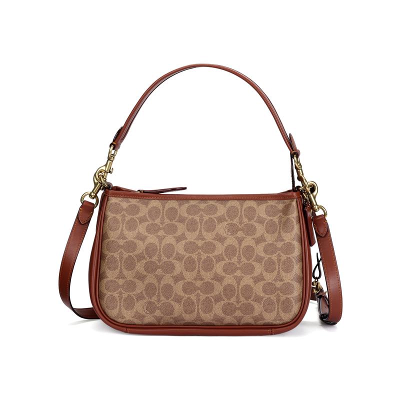 Coach Cary 28 Classic Presbyopic Zipper Metal Buckle C Logo Coated Canvas and Calfskin Portable Shoulder Crossbody Bag Large Size Women's Brown