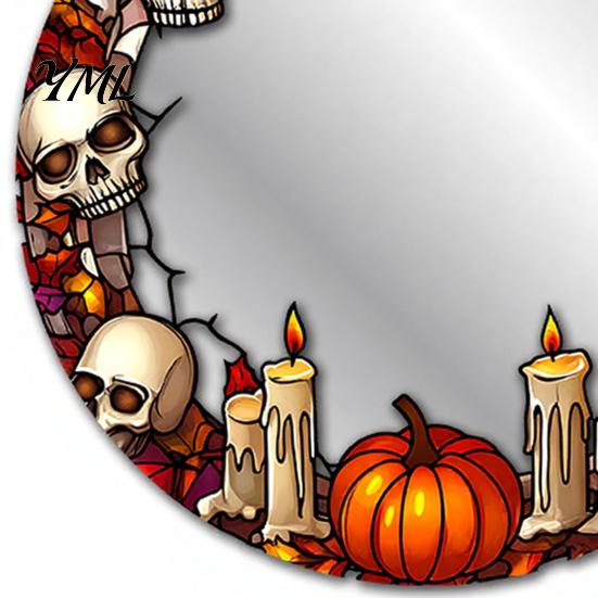 Seasonal Home Wall Decorations Halloween Decorative Mirror Stickers with Spiders/Skeletons/Pumpkins, Retro Hanging Pumpkin Mirrors Ornament,