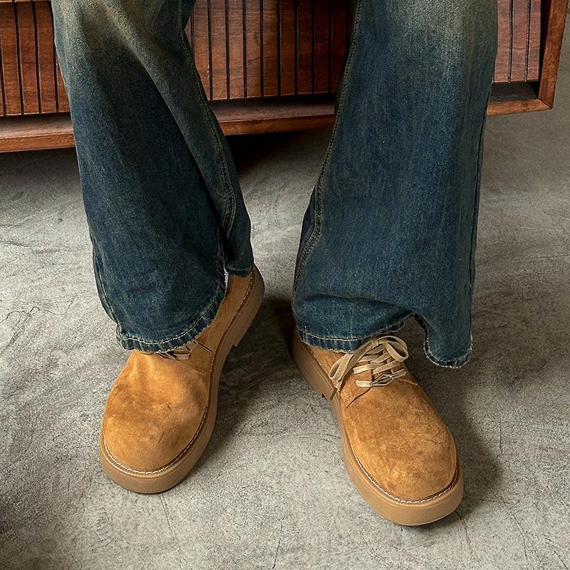 Derby Shoes Men's 2026  Autumn and Winter New Big Toe Shoes Low Top Thick Soled Big Yellow Boots  Round Toe Leather Shoes