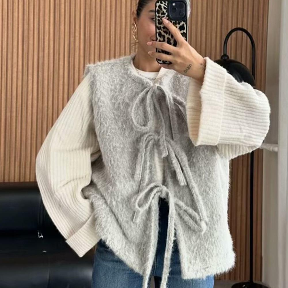 Dámská tvídová vesta s mašlí v pase Elegantní vlněná bez rukávů s kulatým výstřihem Dámská zkrácená vesta 2025 Módní nová svrchní oděv pro rané jaro