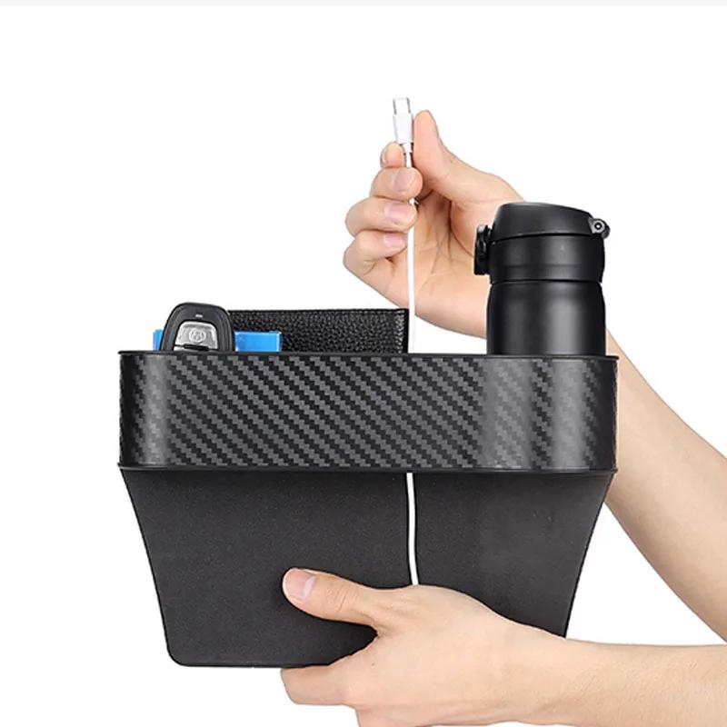 Car Carbon Fiber Pattern Seat Storage Box Central Control Seat Gap Storage And Sorting Box With Cup Holder