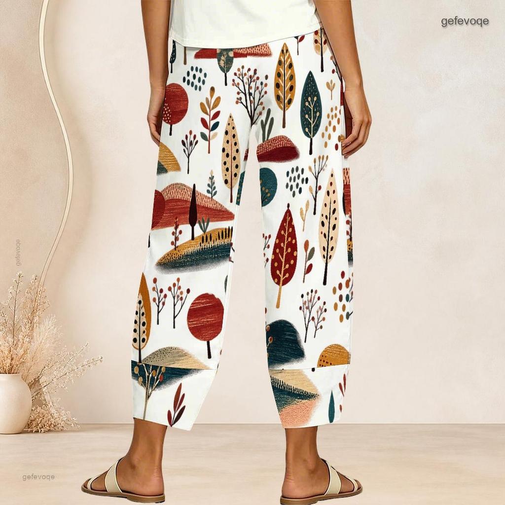 Women Plus Size Loose Fit Printed Cropped Pants Cross Hem With Pockets
