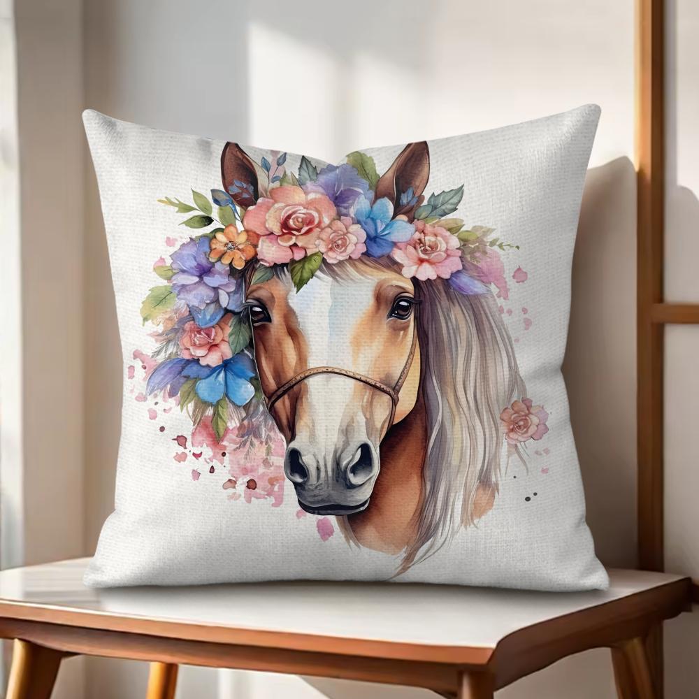 Watercolor Horse  Floral Cushion Cover Natural Linen Organic Fabric DoubleSided Printing Couch Pillow Covers Home Decor