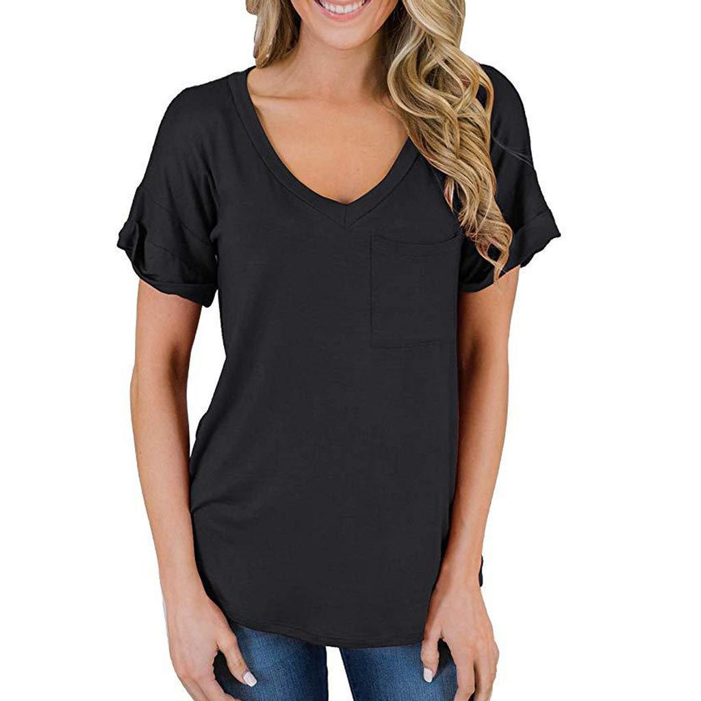 Fashion Womens Casual V-neck Pocket Ruffled Loose Color Blouse T-Shirts